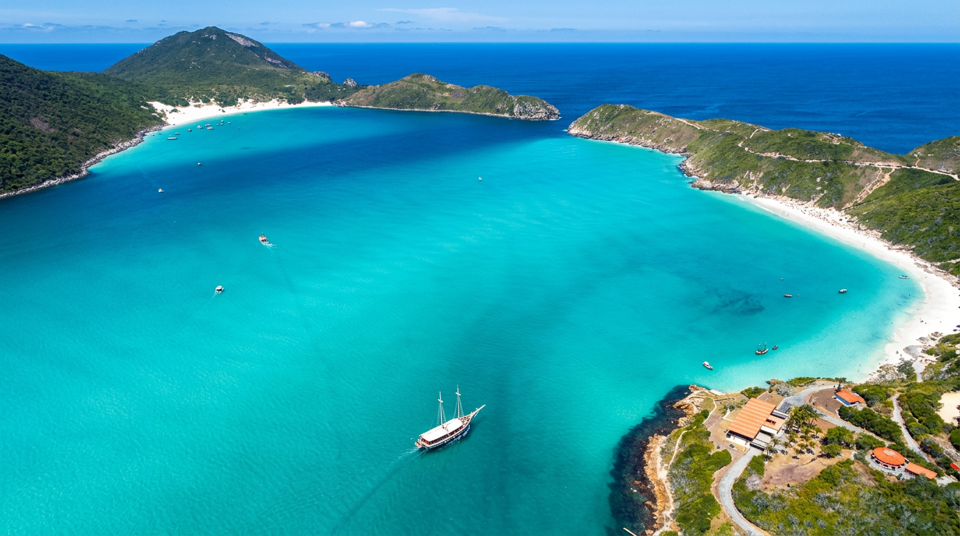 Aerial view of a turquoise bay in Região dos Lagos, Brazil